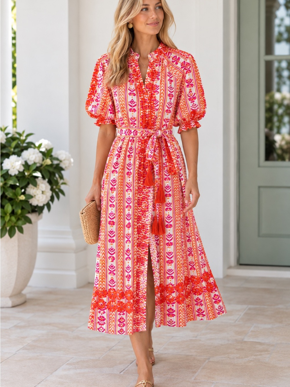 NWT Julia Amory Pink and Orange Embroidered Midi Dress Size XS